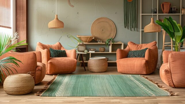 Trendy living room with terracotta armchairs, sage green rug, natural wood decor, and woven textures