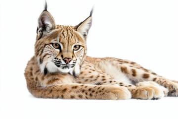 Fototapeta premium Spotted feline resting, white background.
