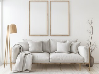 Minimalist living room interior with a white sofa. two empty frames. a floor lamp. and a branch in a vase