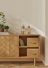 Wooden cabinet with drawers and shelves. decorated with candlesticks and potted plants. in a minimalist living room