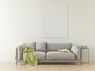 Minimalist living room interior with a gray sofa. a green throw blanket. a white blank canvas and wooden floor
