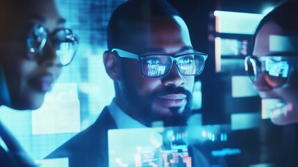 Diverse team of software engineers working on innovative project using futuristic transparent display technology