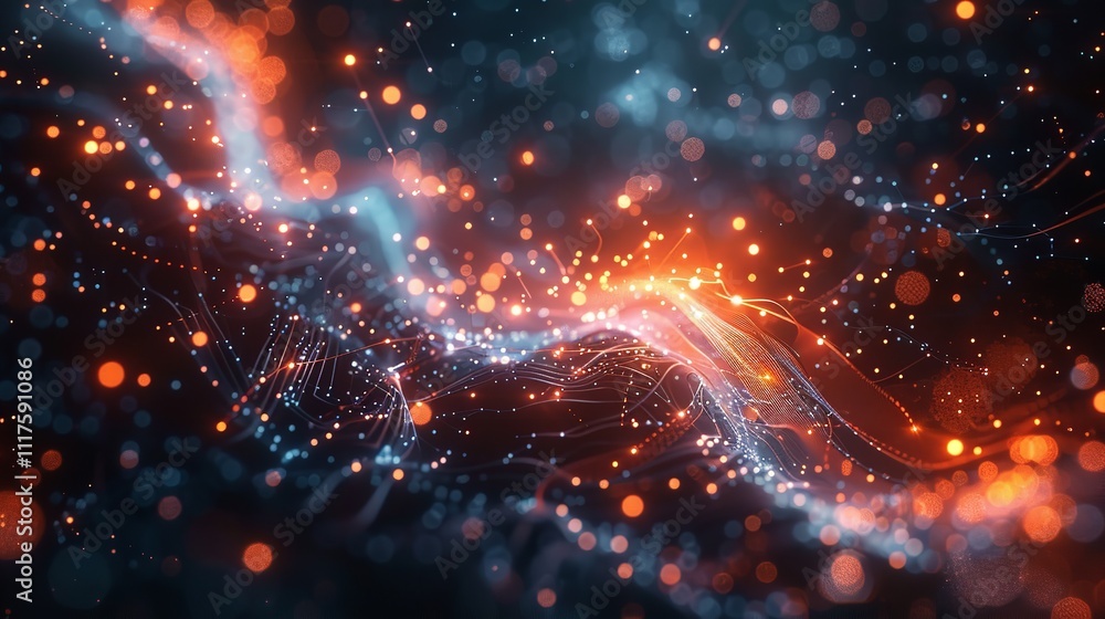 Poster abstract tech background with illuminated fiber optic connections, quantum computing network system.