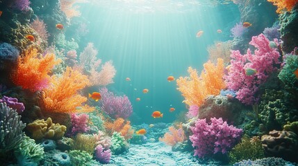 Fototapeta premium Vibrant underwater scene showcasing colorful corals and fish in a sunlit ocean.