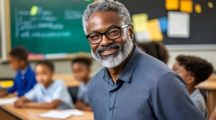 Obraz premium Smiling senior teacher standing in classroom with students learning