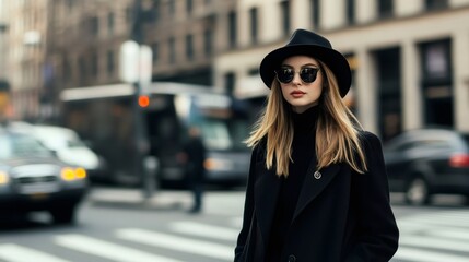 Obraz premium Stylish woman wearing black hat and sunglasses in city street