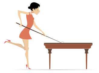 Beautiful young woman playing billiards at club. 
Beautiful young woman plays snooker. Isolated on white background
