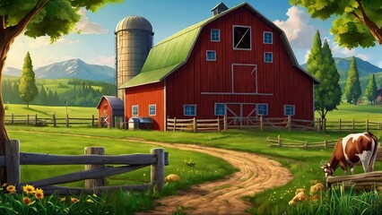 farm cartoon style illustration background multiple way with barn and green nature