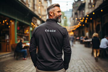 Male trainer in a black sweatshirt, portrait of a fitness trainer in his free time.