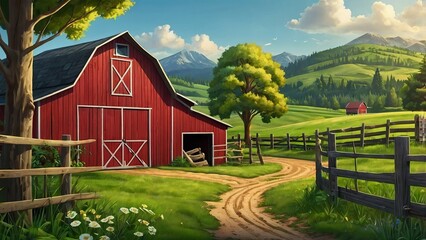 farm cartoon style illustration background multiple way with barn and green nature