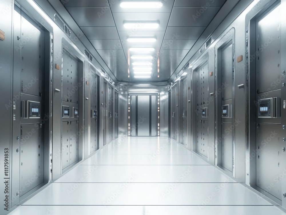 Poster modern interior view of a high-tech data center corridor with multiple secure server rooms and brigh