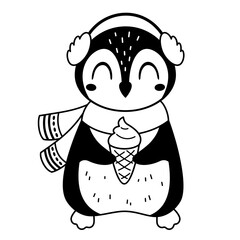 Black and white winter penguin clipart. Animal doodle. Cute seasonal character. Hand draw vector illustration in flat style