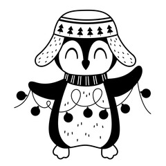 Black and white Christmas penguin clipart. Christmas animal doodle. Cute festive character. Hand draw vector illustration in flat style
