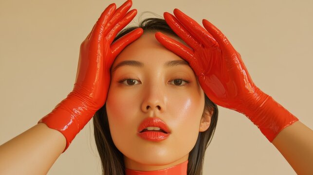 Fashionable woman with glossy red gloves striking a pose