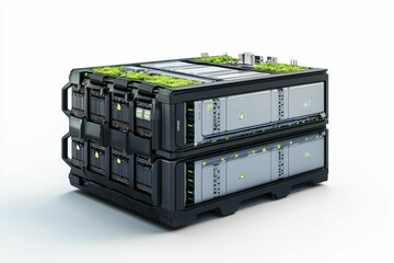 Stacked black units, green roof, clean background.
