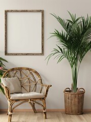 A rattan armchair with a cushion sits in front of a white wall with a framed picture and a tall potted plant