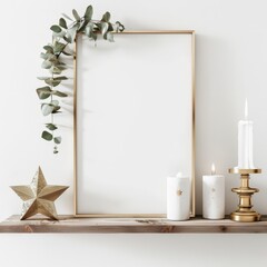 A gold framed picture on a wooden shelf with eucalyptus. candles. and a gold star