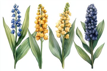 Obraz premium Illustration of four types of flowering plants with vibrant colors and green leaves.
