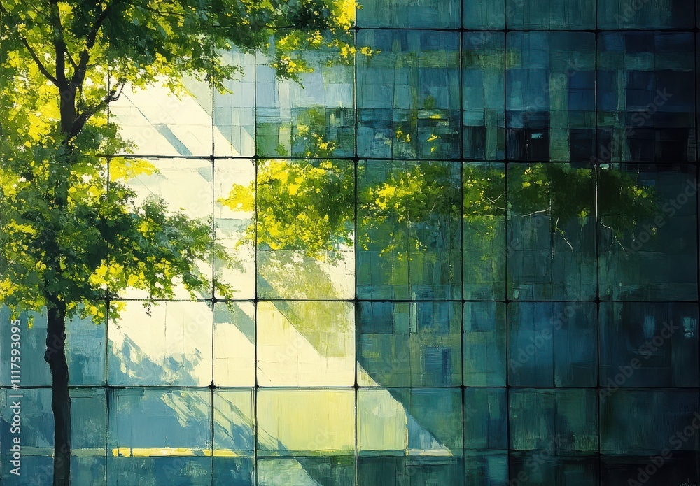 Poster reflective abstract composition of greenery and glass, showcasing a harmonious blend of nature and m