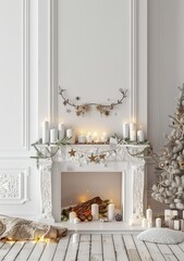 White Christmas fireplace with candles. garland. and a snowy Christmas tree in a white room