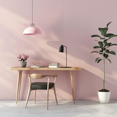 Minimalist workspace with a pink wall. wooden desk. black chair. and a potted plant
