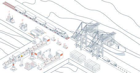 Efficient maritime logistics, Steel containers loaded onto industrial ships by crane, synchronized with warehouse operations. vector illustration eps10