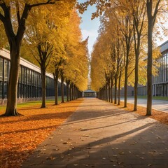 Pathway to the school in autumn, a long walkway lined with autumn trees leading to a school building