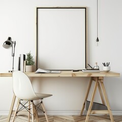 Minimalist home office with a white chair. wooden desk. and a large black framed picture on the wall