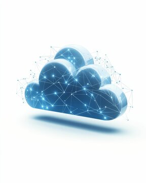 Cloud symbol, interconnected nodes, glowing network.