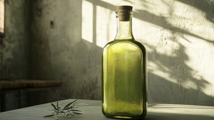 A realistic, computer-generated image of a green glass bottle filled with olive oil.