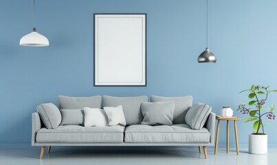 Minimalist living room interior with a grey sofa. a side table. two pendant lights. and a blank picture frame on a blue wall