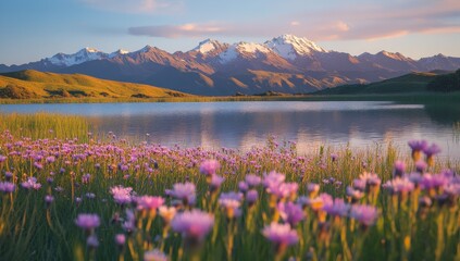 Serene Dawn Over Snow-Capped Mountains and Tranquil Lake Surrounded by Vibrant Wildflowers in a Breathtaking Landscape of Nature’s Majesty