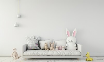 A white sofa with a variety of stuffed animals in a minimalist. white living room