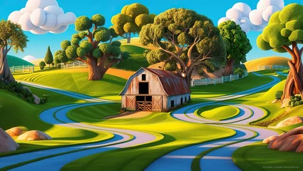 Papier peint photo Ferme farm cartoon style illustration background multiple way with barn and green nature  © Stock 4 you