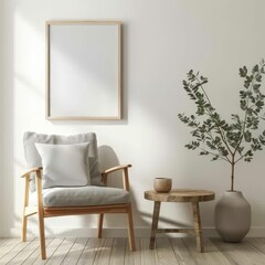A cozy living room with a wooden armchair. a side table. a potted plant. and a blank frame on the wall