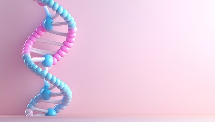 A colorful DNA double helix model against a soft pink background, symbolizing genetics and molecular biology.