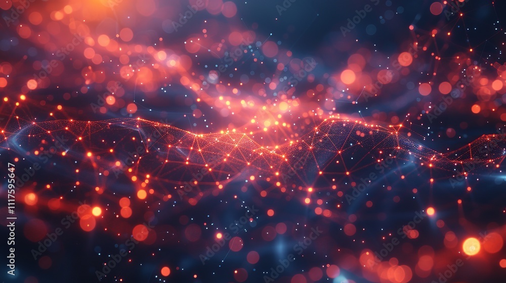 Poster abstract tech background with illuminated fiber optic connections, quantum computing network system.