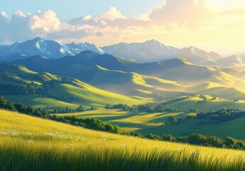 Fototapeta premium Serene Landscape with Rolling Green Hills and Majestic Mountains Under a Soft Golden Sunrise, Invoking Peace and Natural Beauty for Scenic Themes