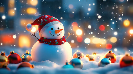 A happy and cute snowman in festive attire, surrounded by colorful Christmas decorations and falling snowflakes, with a charming night sky in the background, creates a festive Christmas atmosphere.
