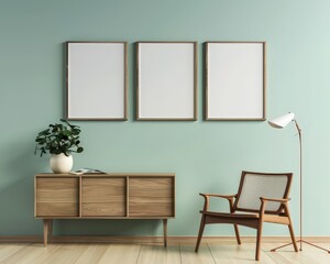 Modern living room interior with a wooden cabinet. an armchair. a floor lamp. and three empty picture frames against a mint green wall