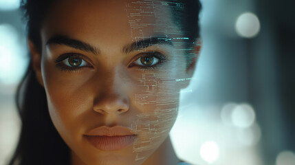 Portrait of a woman with digital holographic interface and glowing blue circuits. Highlighting cybersecurity, data privacy, and digital awareness themes.