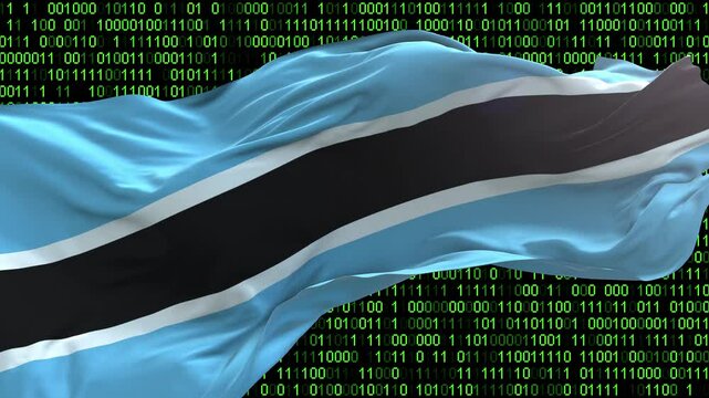 Botswana flag - 3D realistic waving flag on matrix digital background with binary code