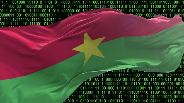 Burkina Faso flag - 3D realistic waving flag on matrix digital background with binary code