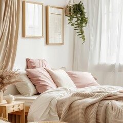 Minimalist bedroom with a cozy bed. white curtains. and a hanging plant