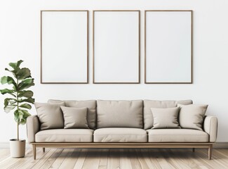 Modern living room with a beige sofa. three empty picture frames and a potted plant