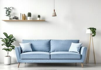 Minimalist living room with a blue sofa. white walls. and wooden floor