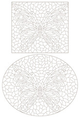 Set of contour illustrations in stained glass style with butterflies , dark contours on a white background