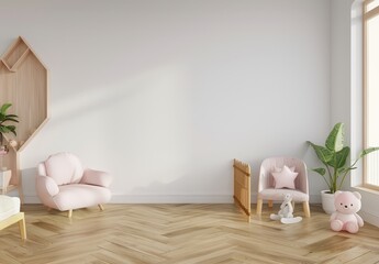 A white and pink nursery with a large blank wall and a wooden floor There are two armchairs. a toy rocking horse. a potted plant. and a teddy bear