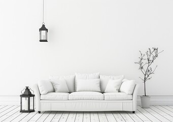 Minimalist living room interior with white sofa. wooden floor. and decorative branches