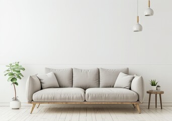 Minimalist living room interior with a gray sofa. wooden floor. and a white wall